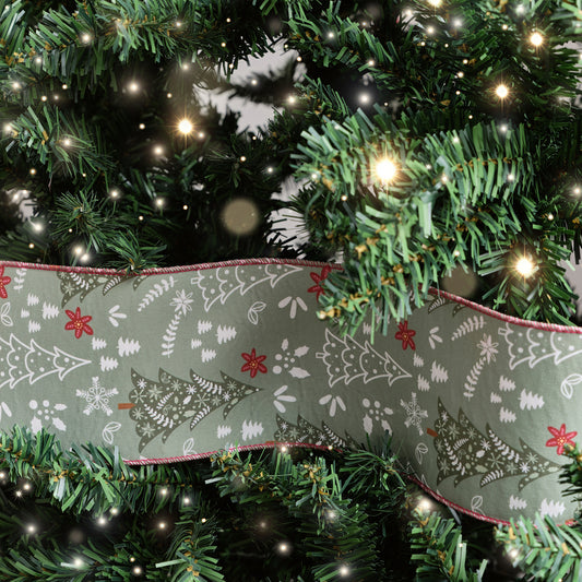 Green Christmas Tree Detailed Fabric Tree Ribbon - 270cm