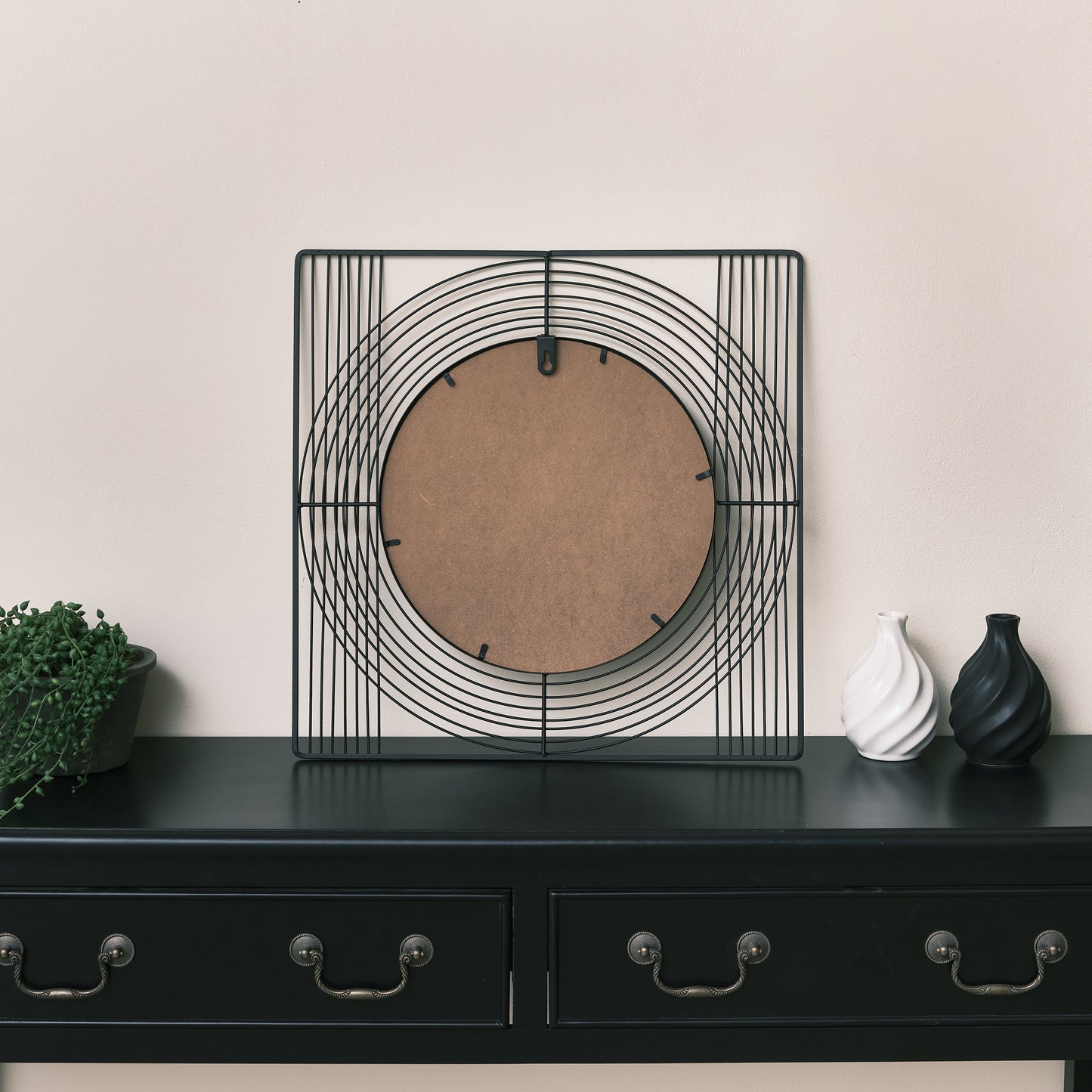Black Wire Square Framed Round Wall Mirror 35cm x 35cm