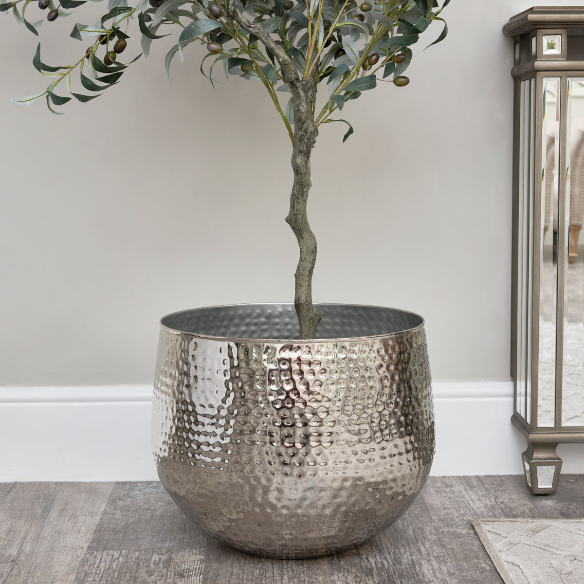 Large Silver Hammered Metal Planter