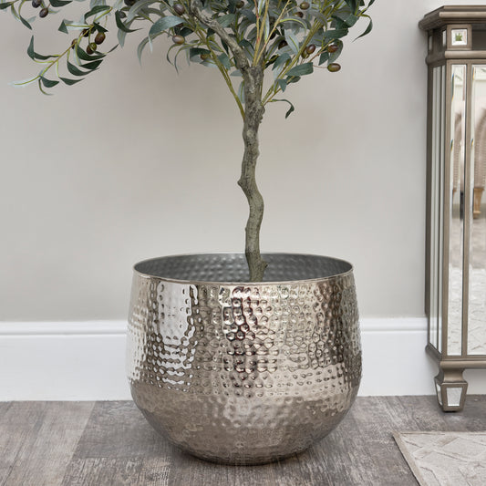  Large Silver Hammered Metal Planter 