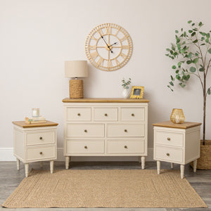 Cream & Wooden 7 Drawer Chest of Drawers & Pair of Two Drawer Bedside Tables - Claudia Range