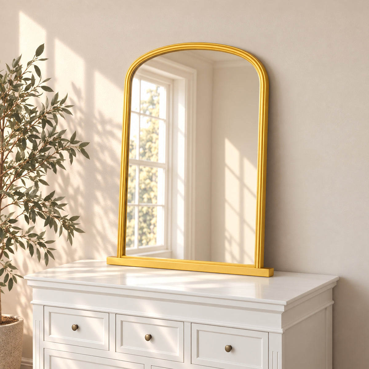 Large Metallic Gold Arched Overmantle Wall Mirror - 88cm x 99cm