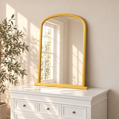 Large Metallic Gold Arched Overmantle Wall Mirror - 88cm x 99cm