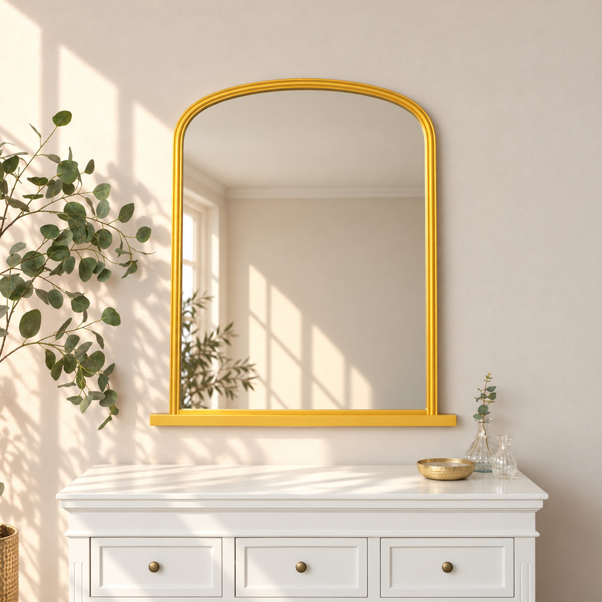 Large Metallic Gold Arched Overmantle Wall Mirror - 88cm x 99cm
