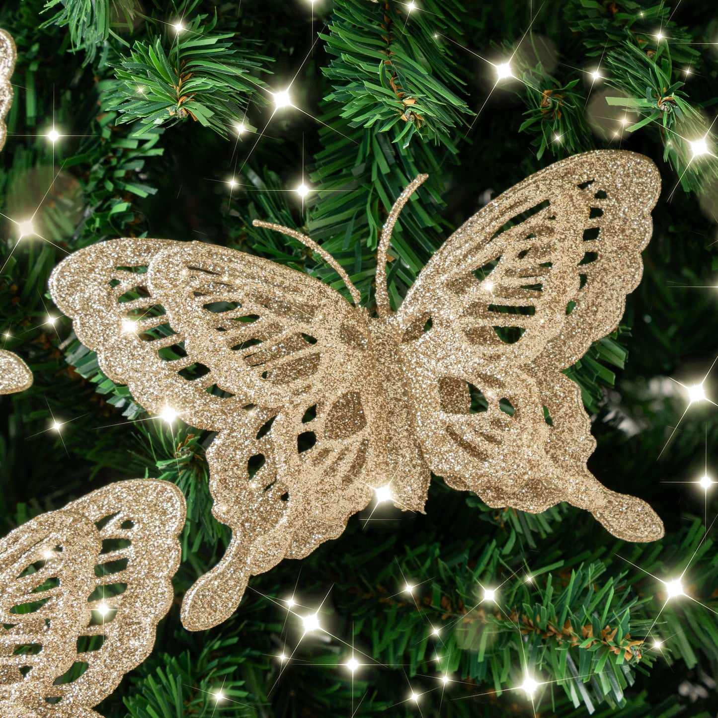 Set of 4 Champagne Gold Glitter Butterfly Christmas Decoration Clips