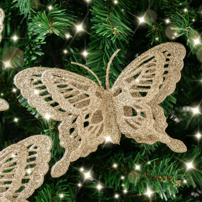 Set of 4 Champagne Gold Glitter Butterfly Christmas Decoration Clips