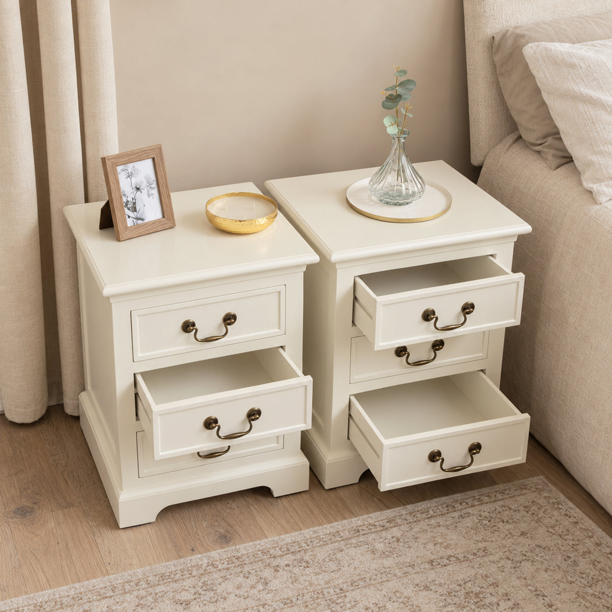 Pair of Ivory 3 Drawer Bedside Tables - Charlotte Ivory Range