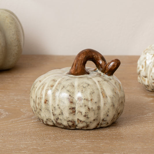  Small Cream & Brown Glazed Pumpkin Ornament - 8.5cm 