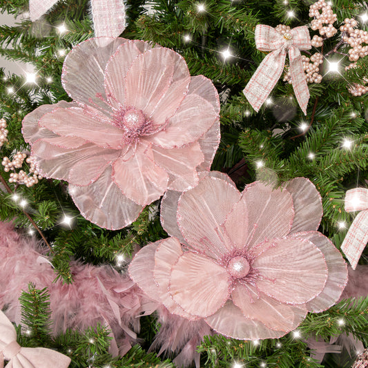  Set of 2 Pink Glitter Magnolia Christmas Pick Decorations 
