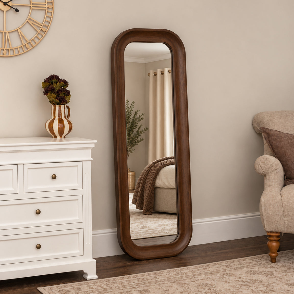 Dark Walnut Wood Rectangular Curved Full Length Wall Mirror - 142cm x 50cm