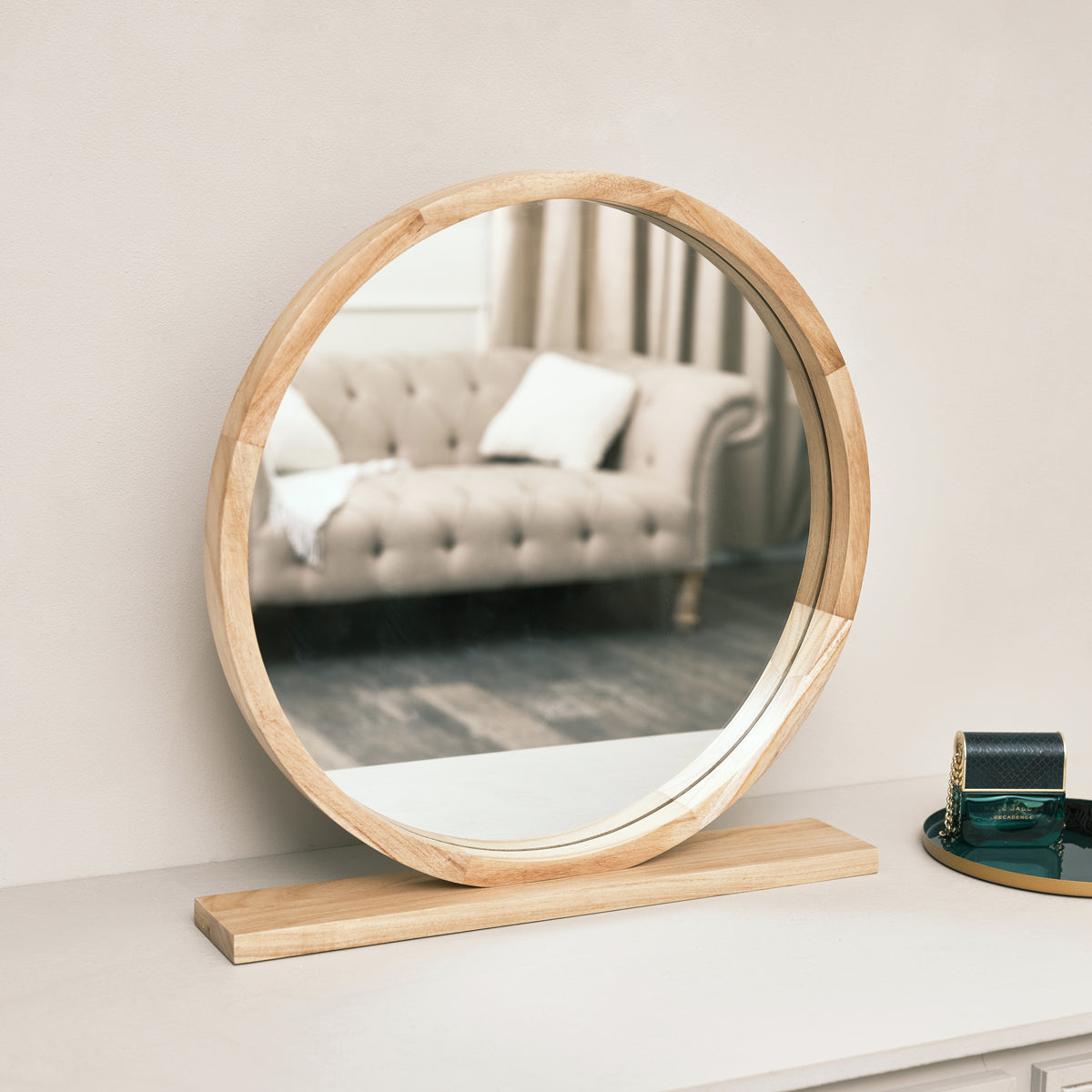 Round Wooden Freestanding Table Top Mirror