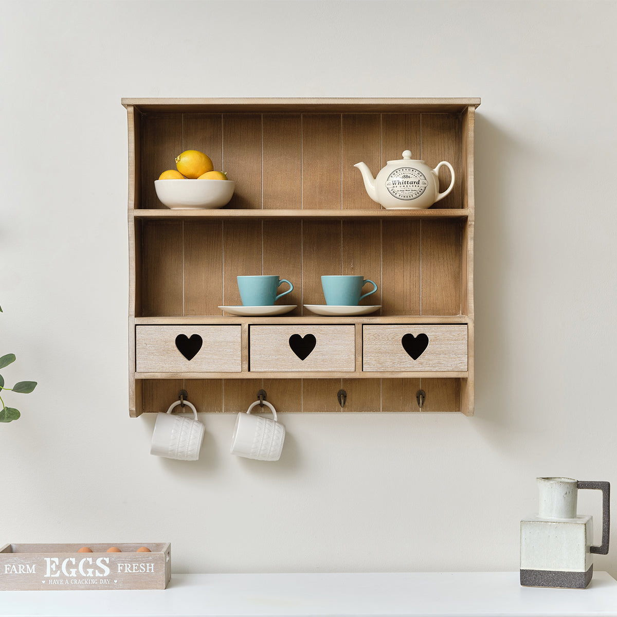 Large Rustic Wooden Wall Shelving Unit with Heart Drawers & Storage...