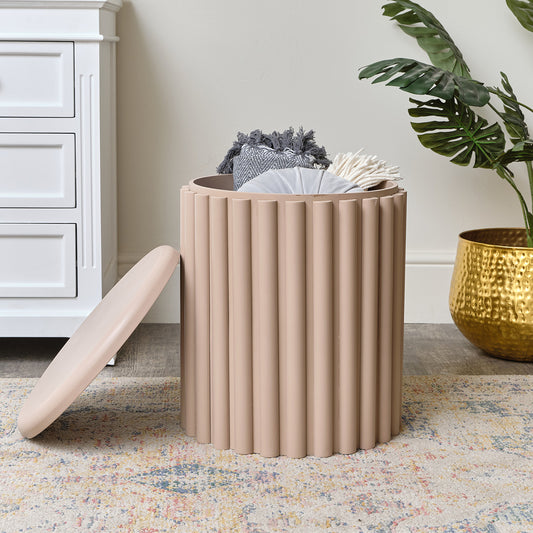  Taupe Wooden Fluted Storage Stool / Side Table 