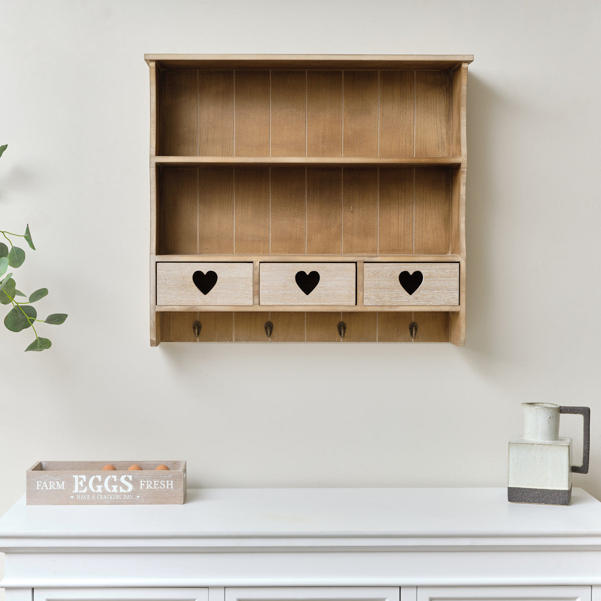 Large Rustic Wooden Wall Shelving Unit with Heart Drawers & Storage...