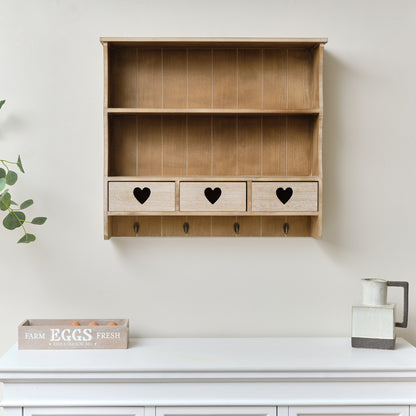 Large Rustic Wooden Wall Shelving Unit with Heart Drawers & Storage...