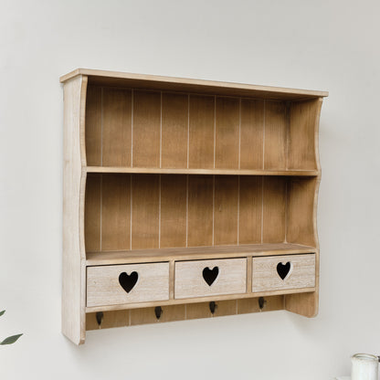 Large Rustic Wooden Wall Shelving Unit with Heart Drawers & Storage...