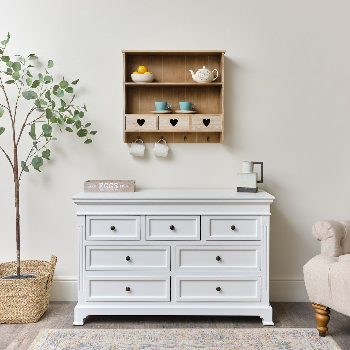 Large Rustic Wooden Wall Shelving Unit with Heart Drawers & Storage...