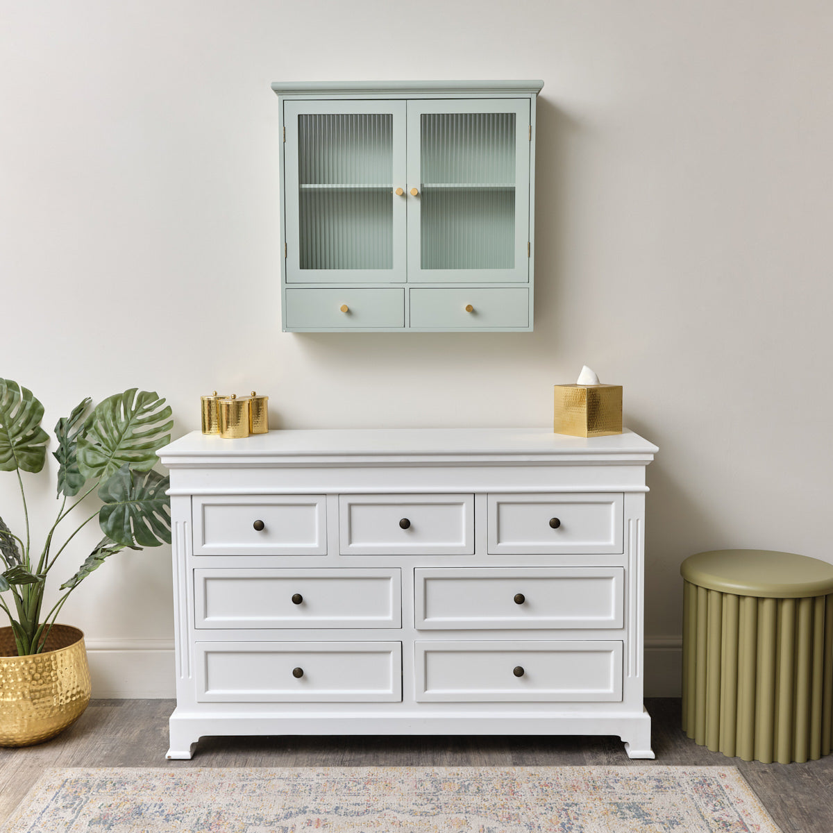 Sage Green Wooden Wall Shelf Unit with Drawers