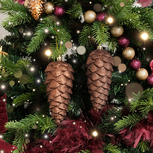  Set of 2 Tan Glittered Pinecone Bauble Decoration - 12cm 