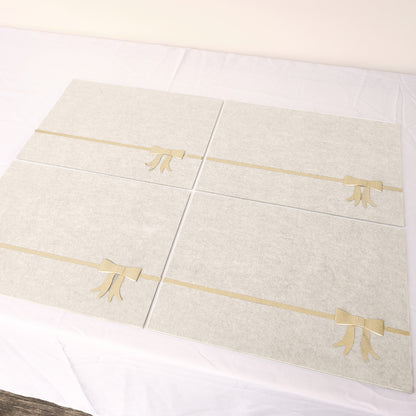 Set of 4 Beige Rectangular Felt Placemat with Champagne Gold Bow