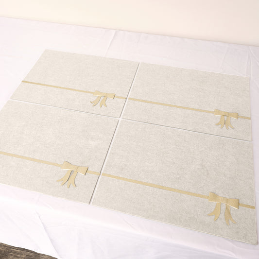  Set of 4 Beige Rectangular Felt Placemat with Champagne Gold Bow 