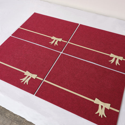  Set of 4 Dark Red Rectangular Felt Placemat with Champagne Gold Bow 