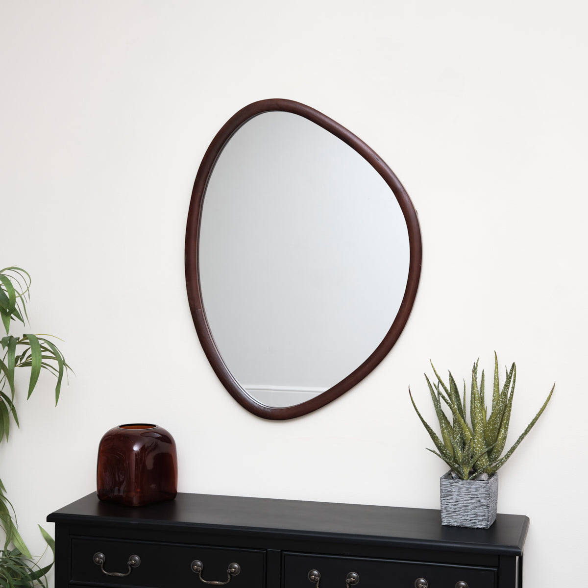 asymmetrical wooden pebble mirror