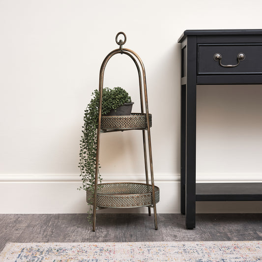  two tier freestanding shelf in antique gold 