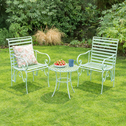  Ornate Metal Sage Green Round Garden Table & Set of 2 Ornate Garden Chairs 