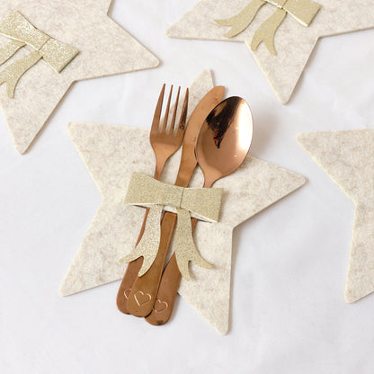 Set Of 4 Beige Star Shaped Felt Cutlery Holders with Champagne Gold Bow