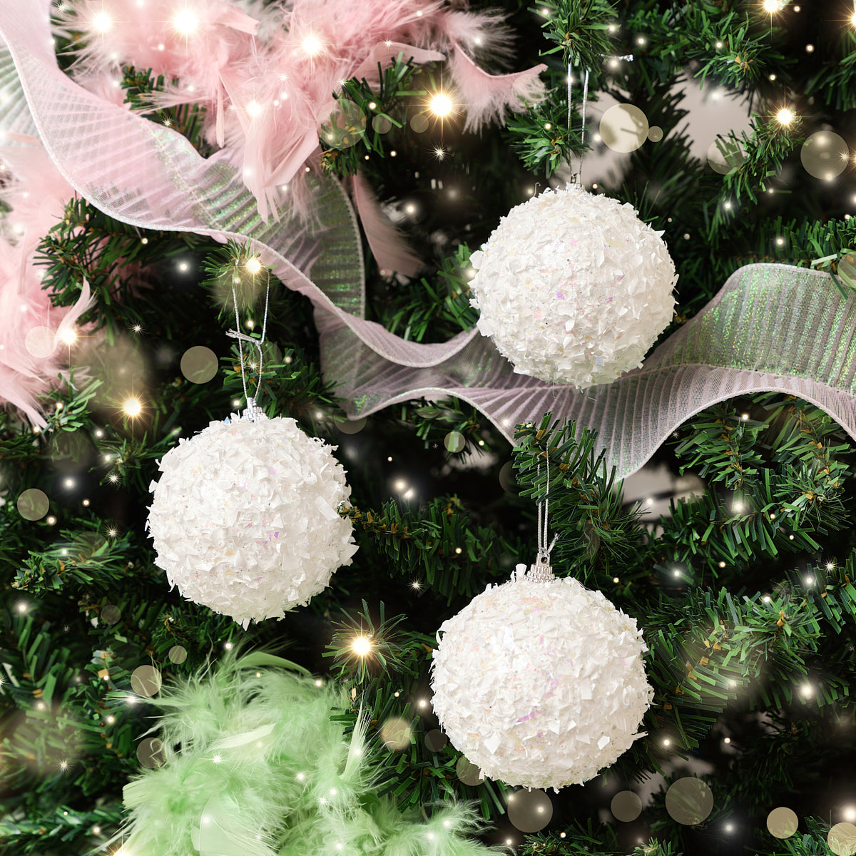 Set of 3 White Chunky Snowball Bauble Decorations - 8cm