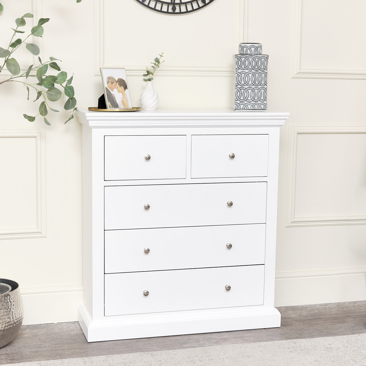 White 5 Drawer Chest of Drawers - Slimline Haxey White Range