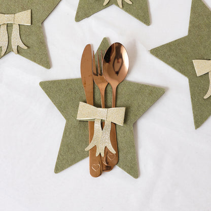 Set Of 4 Green Star Shaped Felt Cutlery Holders with Champagne Gold Bow