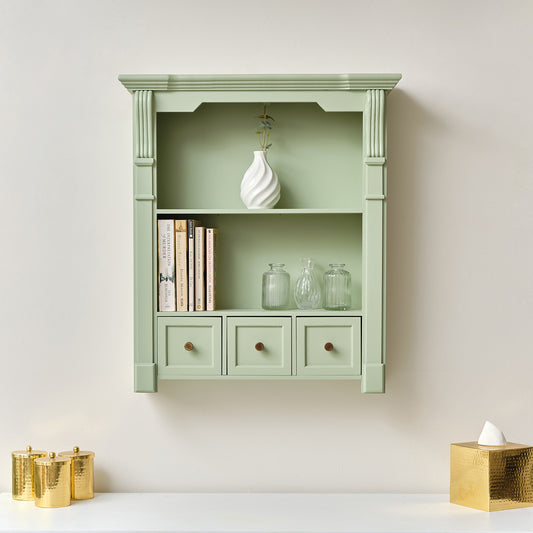  Sage Green Wooden Wall Shelf Unit with Drawers 