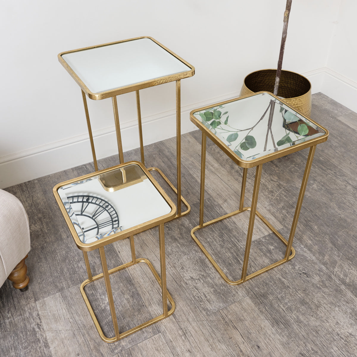 Set of 3 Gold Mirrored Square Side Tables