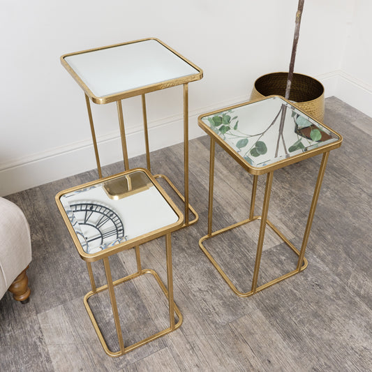  Set of 3 Gold Mirrored Square Side Tables 