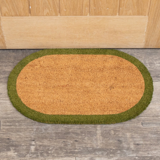  Natural Oval Coir Door Mat with a Green Border 