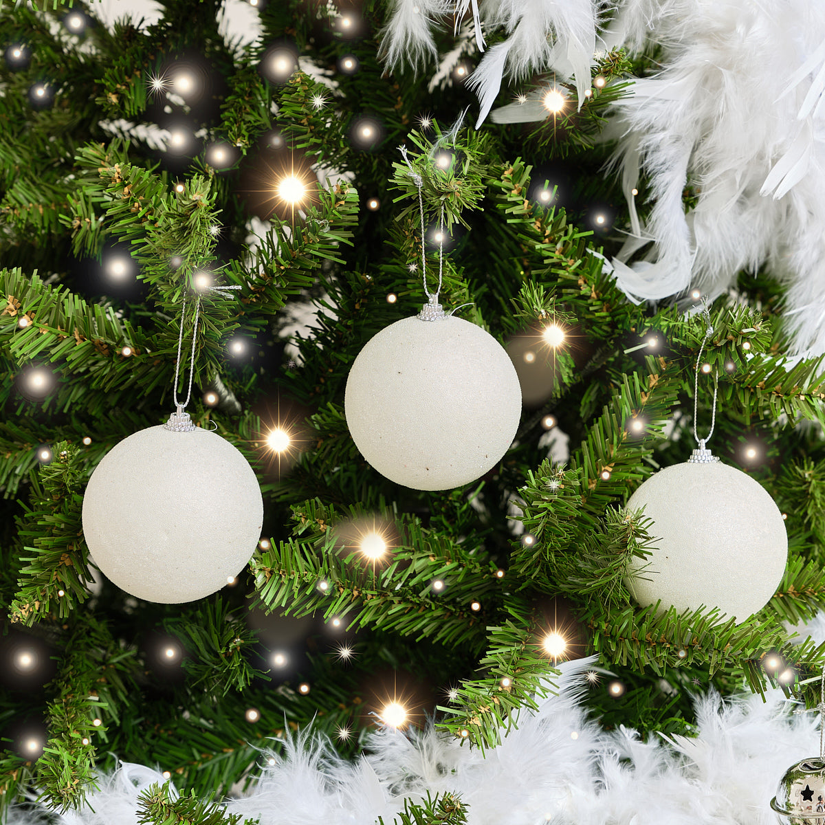 Set of 3 White Beaded Baubles - 8cm