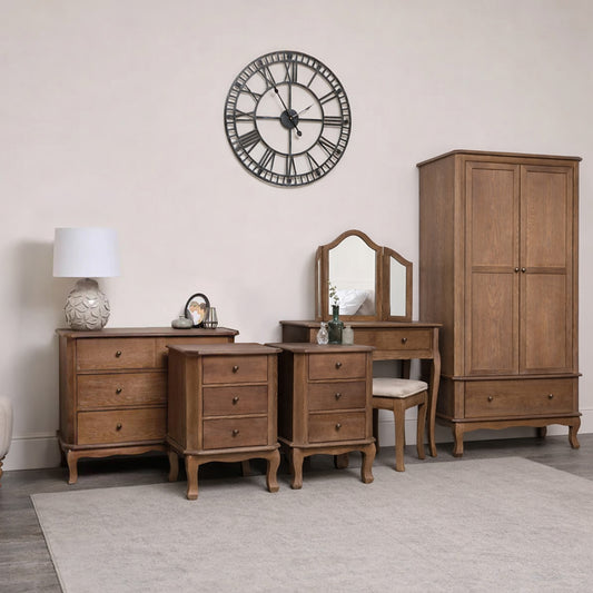  Dark Wood Wardrobe, Dressing Table Set, Chest of 4 Drawers & Pair of Bedside Tables - Ashwell Range 