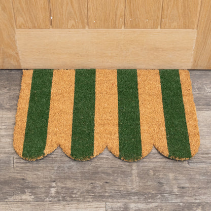 Rectangular Green & Natural Striped Doormat with Scallop Edge