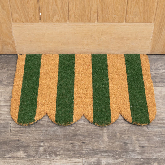  Rectangular Green & Natural Striped Doormat with Scallop Edge 