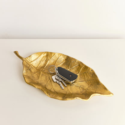 Large Antique Gold Bay Leaf Shaped Trinket Tray - 36cm