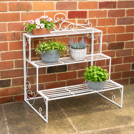  Distressed White Metal Three Tier Plant Theatre Stand 