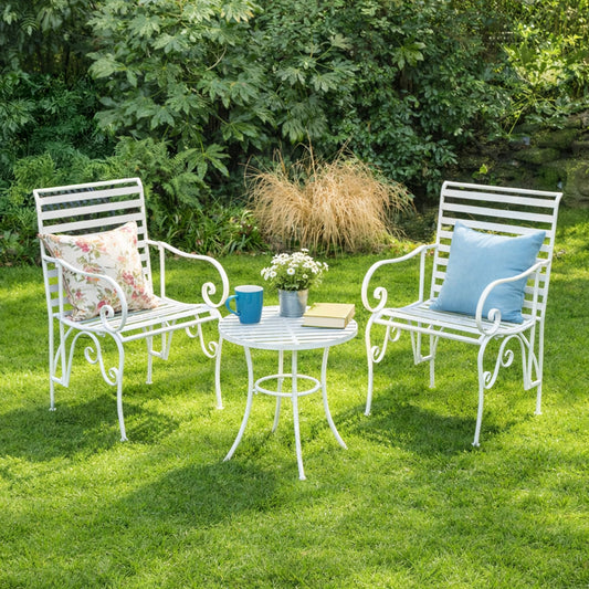  Ornate Metal White Round Garden Table & Set of 2 Ornate Garden Chairs 
