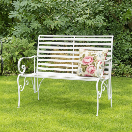 White Metal Ornate Distressed Garden Bench - 100cm x 92cm 
