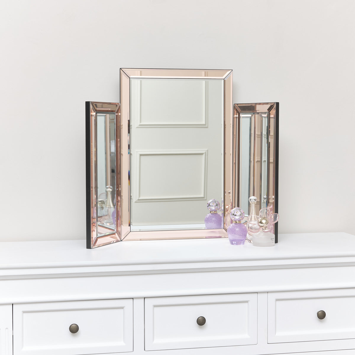 Pink Glass Art Deco Rectangle Triple Mirror 74cm x 55cm