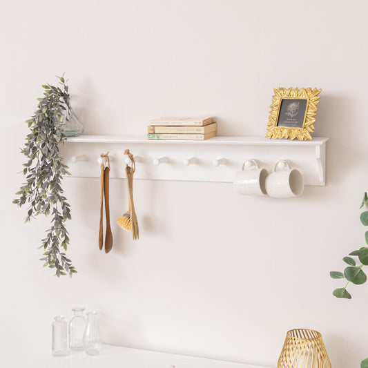  Large White Washed Mango Wooden Wall Shelf with Hooks - 100cm 