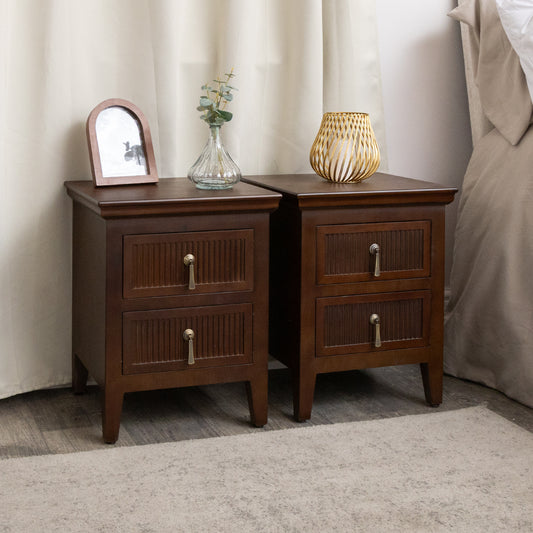  Pair of Dark Brown Wooden Reeded 2 Drawer Bedside Tables - Georgian Range 