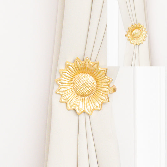  Set of 2 Gold Metal Sunflower Wall Mounted Tie Backs 