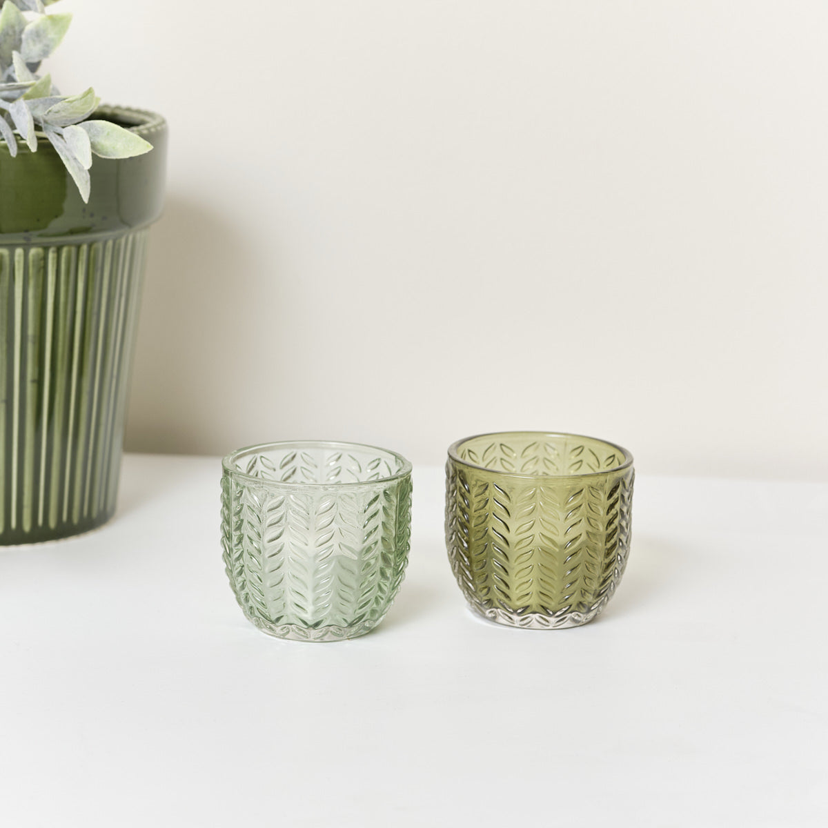 Set of 2 Small Green Glass Tealight Holders